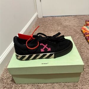 Off-White Black Sneakers with Pink and Red Accents